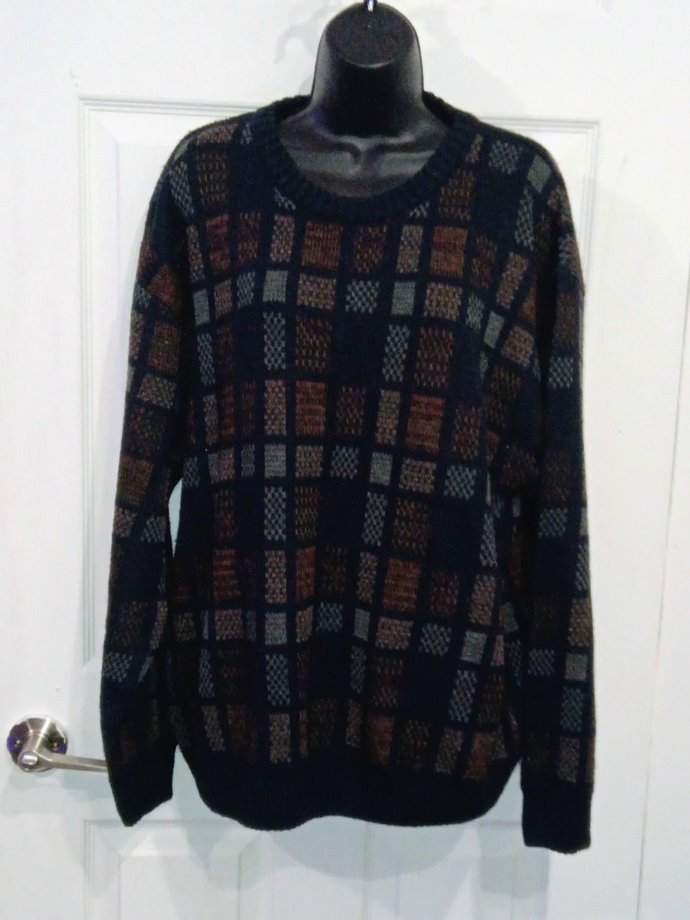 Men's Navy Crewneck Sweater with Multicolor Check Pattern
